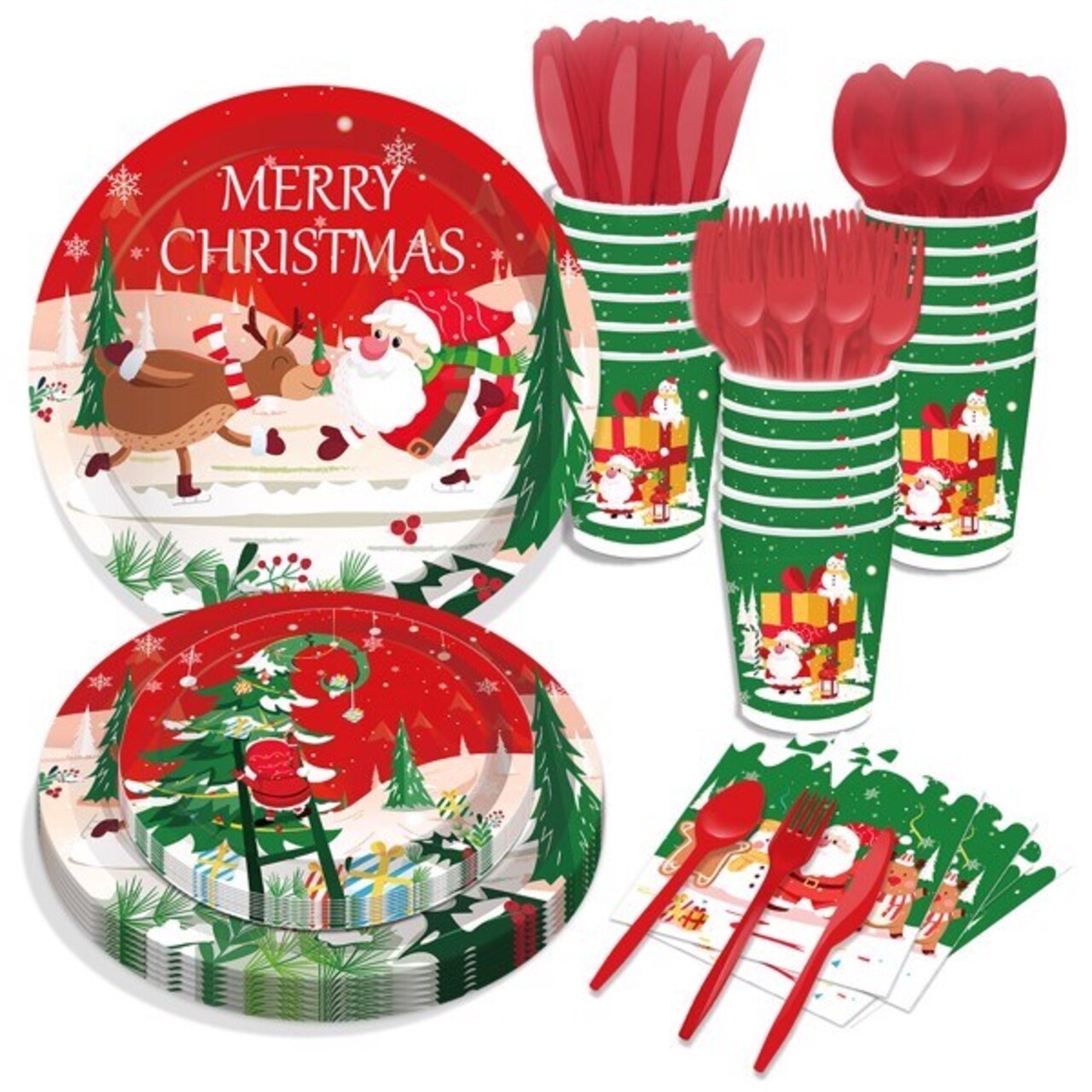 Christmas Tree Santa Claus Paper Plates Party Supplie Plates and Napkins Birthday Disposable Tableware Set Party Dinnerware Serves 8 Guests for Plates, Napkins, Cups 68PCS
